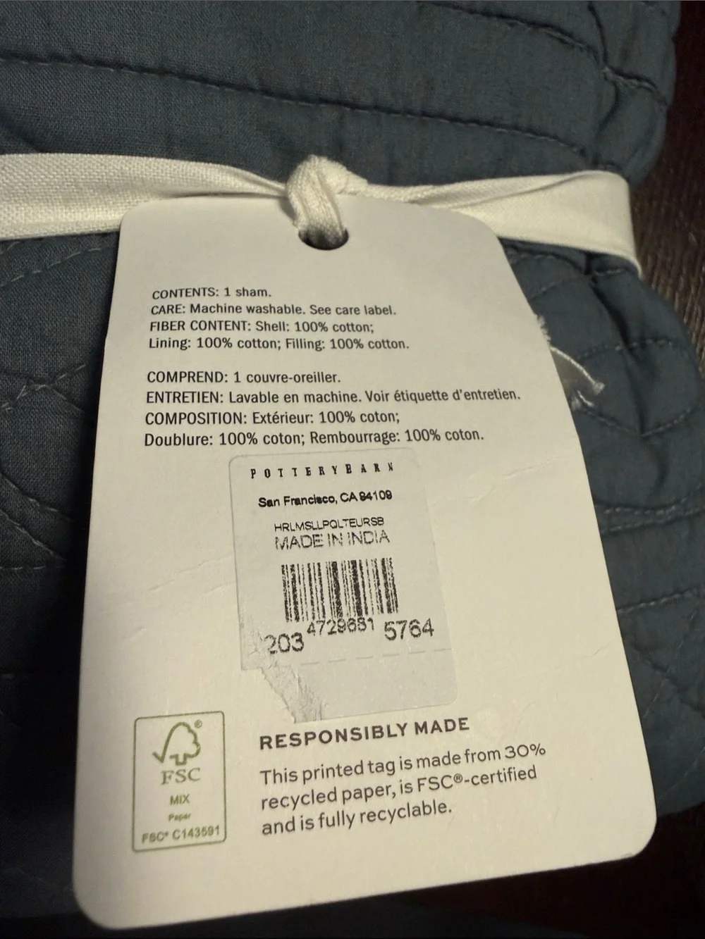 Pottery Barn Heirloom Scallop Quilted EuroSham - Blue 26” x 26”